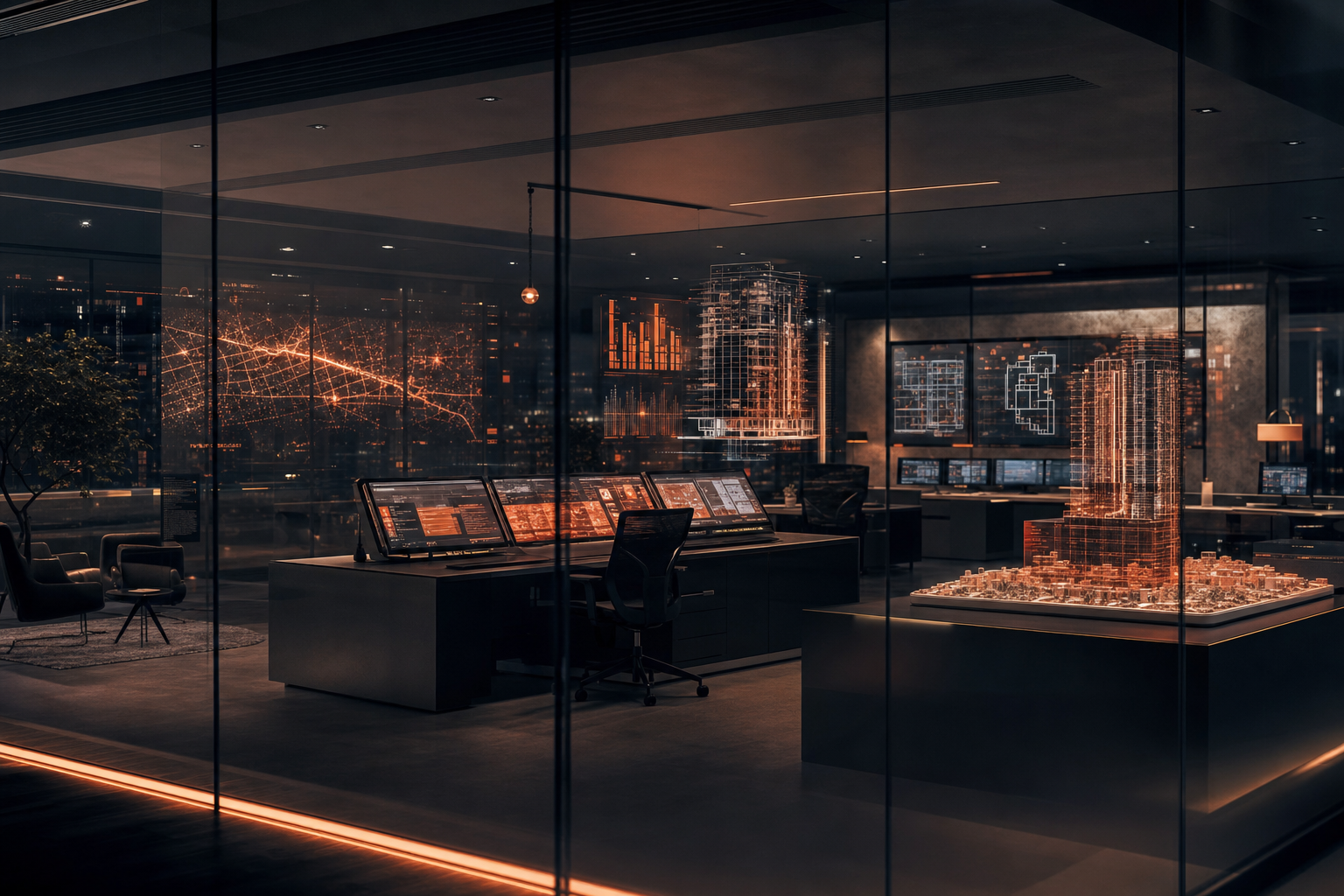 AI-gestuurde vastgoed control room bij nacht